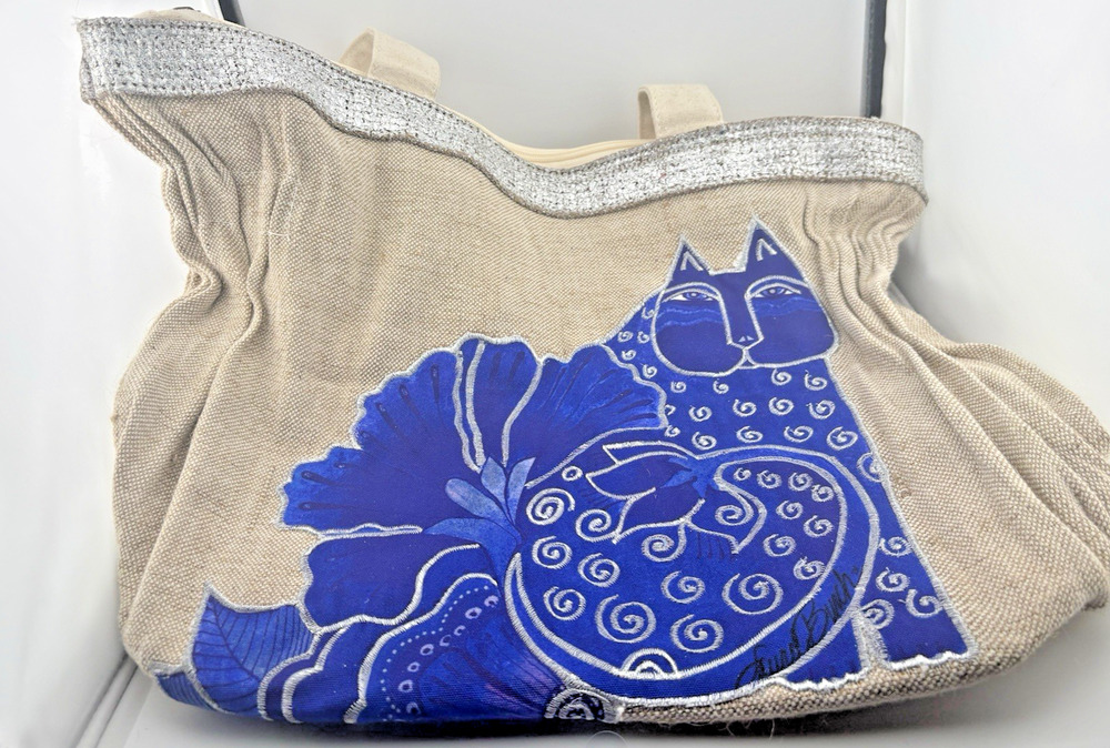 Blossoming Felines Laurel Burch Large Canvas Purse Gathered Tote Bag Handbag NWT